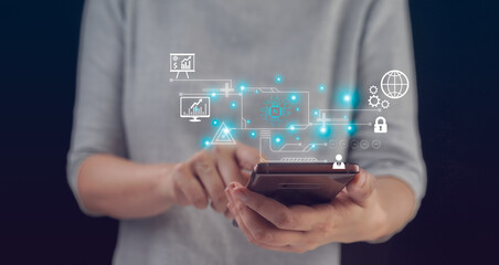 Businessman using smart devices for Digital technology connection and marketing,, links to artificial intelligence, internet of thing. Concept smart robot AI, futuristic technology transformation.