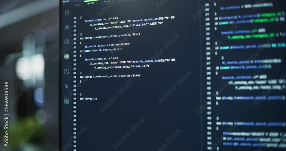 Aufkleber Close Up on a Screen with Programming Code Running on Display. Software Developer Working on a Desktop Computer, Specialist Typing on Keyboard, Coding and Implementing a Technical Features