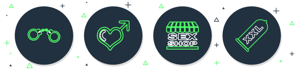 Set line Male gender and heart, Sex shop building, Handcuffs and Condom safe sex icon. Vector