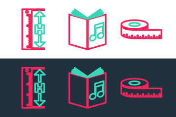 Set line Tape measure, Measuring height and length and Audio book icon. Vector