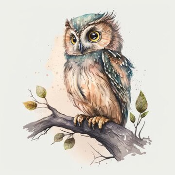 A whimsical watercolor owl perches on a branch Generative Ai