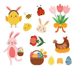 Set Of Adorable Easter Icons Featuring Bunnies, Chicks, Eggs, And Baskets Perfect For Easter-themed Designs