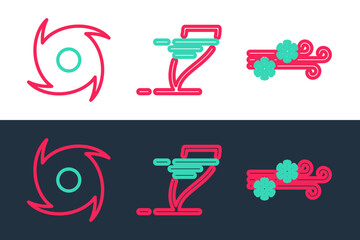 Set line Wind and snow, Tornado and icon. Vector
