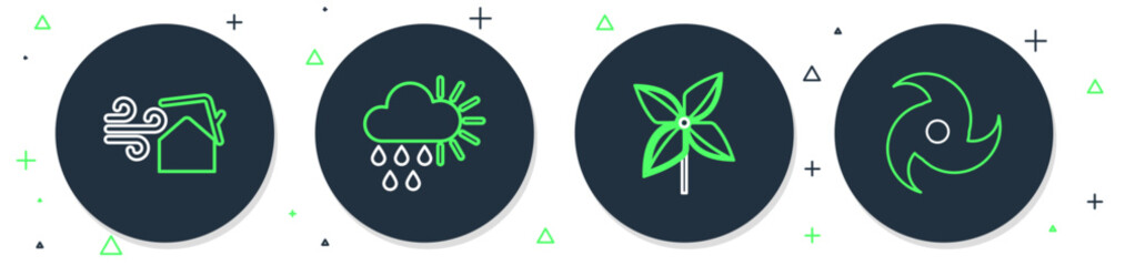 Set line Cloudy with rain and sun, Pinwheel, Tornado swirl and icon. Vector