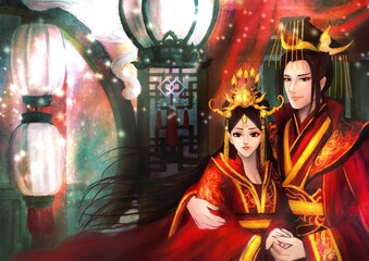Fototapeta premium Couple in red ancient Chinese wedding costume 