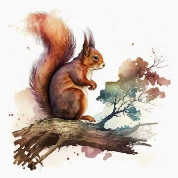 A watercolor squirrel perches on a branch Generative Ai