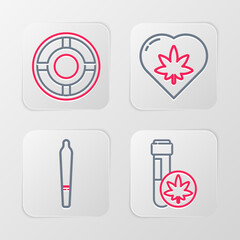 Set line Chemical test tube with marijuana, Marijuana joint, leaf heart and Ashtray icon. Vector