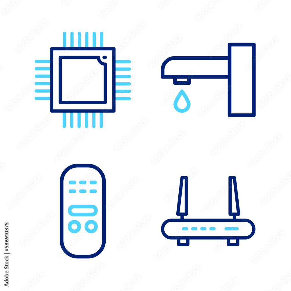 Poster set line router and wi-fi signal, remote control, water tap and processor with microcircuits cpu ico