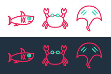 Set line Stingray, Shark and Crab icon. Vector