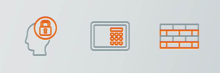Set line Firewall, security wall, Human head with lock and Safe icon. Vector
