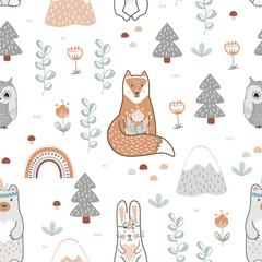 Seamless nursery pattern with forest animals. Kids cute print in boho or Scandinavian style. Vector hand drawn illustration