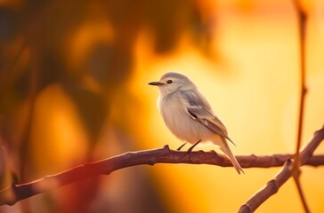 Tiny white bird sits on the branch in the forest. Generative AI.