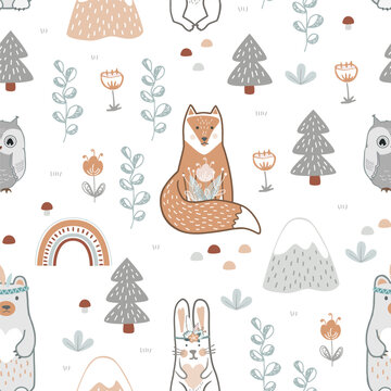 Seamless nursery pattern with forest animals. Kids cute print in boho or Scandinavian style. Vector hand drawn illustration