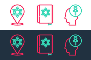 Set line Cross ankh, Star of David and Jewish torah book icon. Vector