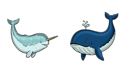 Cute narwhal and whale illustration. Isolated template with funny and happy animals. Coloring page for kids. © Lunstream
