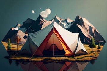 Camping Tent in high mountain with mountain background and clear sky, Hiking concept ai generative