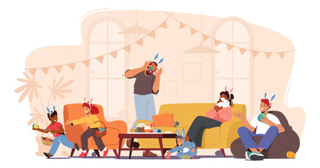 Family Characters Gathers Together At Home To Celebrate Easter. They Enjoying Each Others Company, Playing With Eggs