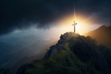 Obraz premium Cross mountain at sunrise. Holy easter sky. Generate Ai
