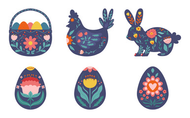 Collection Of Colorful Easter Icons Crafted In Traditional Folk Style. Set Includes Images Of Bunny, Chick, Eggs, Basket