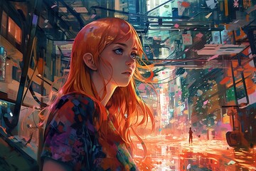 Non-Existent Person Fictional Girl With Orange Hair in a Futuristic City Generative AI