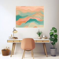 living room interior of a room with a table, frame, artwork, soft pastel, pastel colours, colors, 