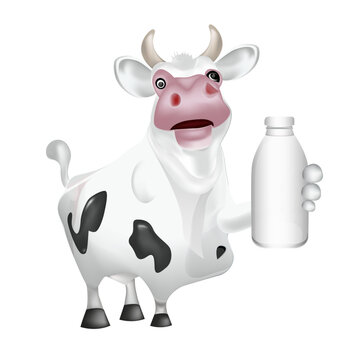 Funny cow cartoon character with milk glass