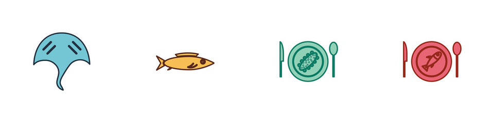 Set Stingray, Fish, Served cucumber on plate and fish icon. Vector