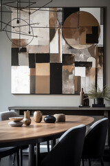 living room interior with artwork frame table in wall, wall art, frame, neutral tones, coffee colours, brown, interior design 