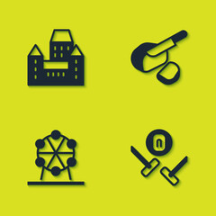 Set Chateau Frontenac hotel, Curling sport game, Ferris wheel and Peameal bacon icon. Vector