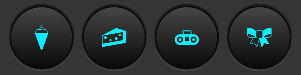 Set Ice cream in waffle cone, Piece of cake, Home stereo with two speakers and Gift bow icon. Vector
