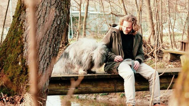 They are sitting on a wooden bridge in a small forest under which a slow stream flows. A fluffy wolf spitz and his curly blond friend seem to be very fond of each other. It is a sunny afternoon here.