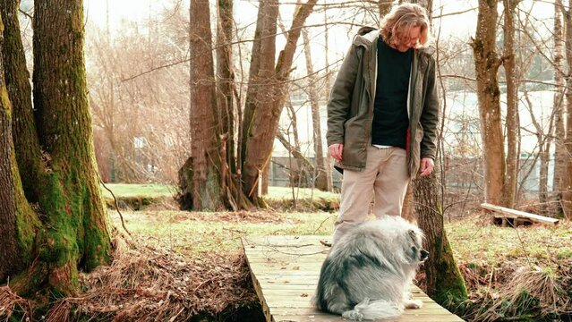 A small excursion to an island surrounded by a creek ended on the bridge where the absolute fluffy wolfspitz remains sitting and probably does not want to continue.The man turns around and goes.