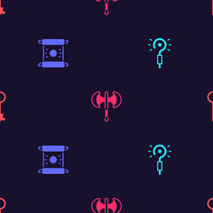 Set Magic wand, Decree, parchment, scroll, Medieval poleaxe and Old key on seamless pattern. Vector