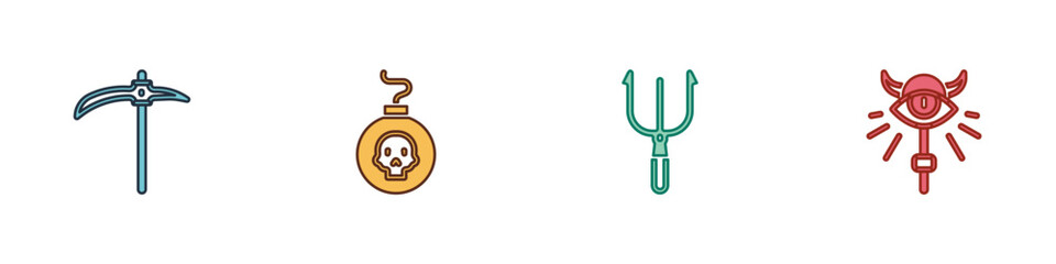 Fototapeta premium Set Pickaxe, Bomb ready to explode, Neptune Trident and Magic staff icon. Vector