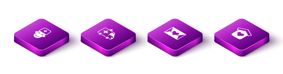 Set Isometric Male doctor, Ambulance car, Envelope with heart and Shelter for homeless icon. Vector