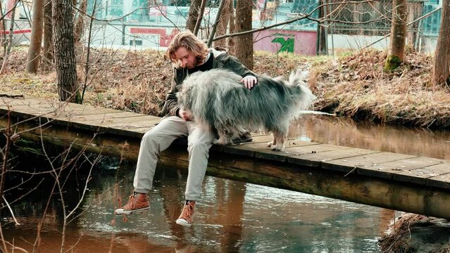 A very cool shot of two friends sitting on a bridge and having fun while a small and slow stream moves below them. A gray wolf spitz and a blond young man enjoying their time in autumnal athomsphere.