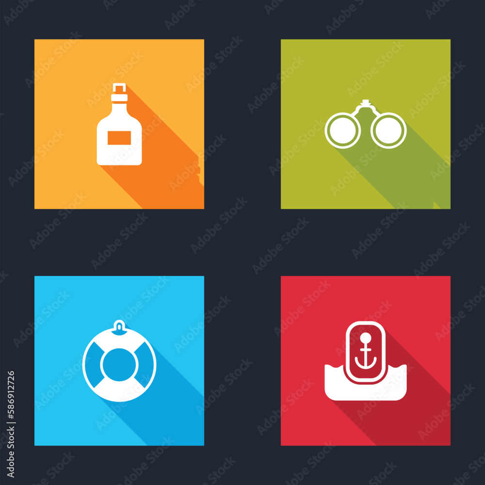 Sticker Set Rum bottle, Binoculars, Lifebuoy and Location with anchor icon. Vector