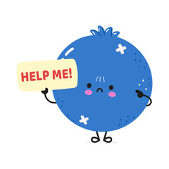 Cute sad sick Blueberry asks for help character. Vector hand drawn cartoon kawaii character illustration icon. Isolated on white background. Suffering unhealthy Blueberry character concept