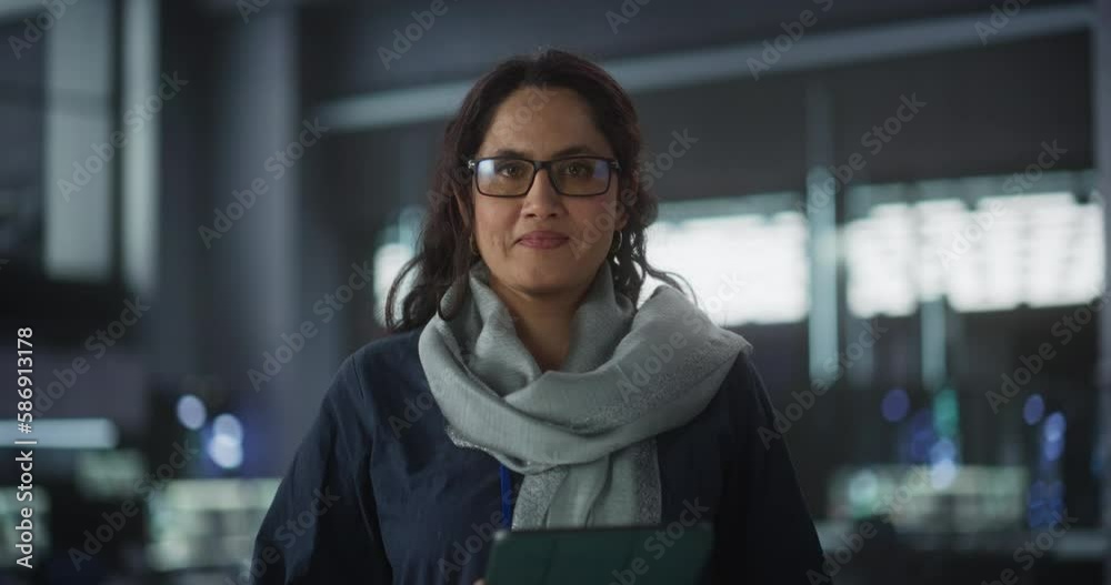 Aufkleber Portrait of a Happy Smiling Female Using Tablet Computer, Looking at Camera and Smiling. Empowered Information Technology Specialist, Software Engineer, Developer or Data Scientist