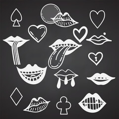 Collection of groove psychedelic mouth elements Retro design icons. Doodle style graphic. Vintage trippy cartoon 60 70 80 90 trendy vector illustration White symbols on chalkboard background