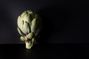 an artichoke on a black background, front view