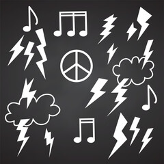 Collection of groove psychedelic music elements. Retro design hipster icons. Doodle style graphic. Vintage trippy cartoon. 60 70 80 90 trend vector illustration White symbols on chalkboard background