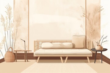 Illustration of a Japanese style living room with a low couch, beige cushion, plaid, and dried Pampas grass on a white wall. Generative AI