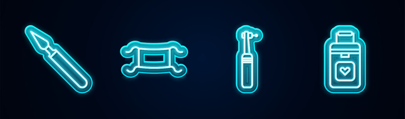 Set line Medical surgery scalpel, protective mask, Tooth drill and Organ container. Glowing neon icon. Vector