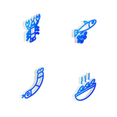 Set Isometric line Fish with caviar, Lobster, Shrimp and soup icon. Vector