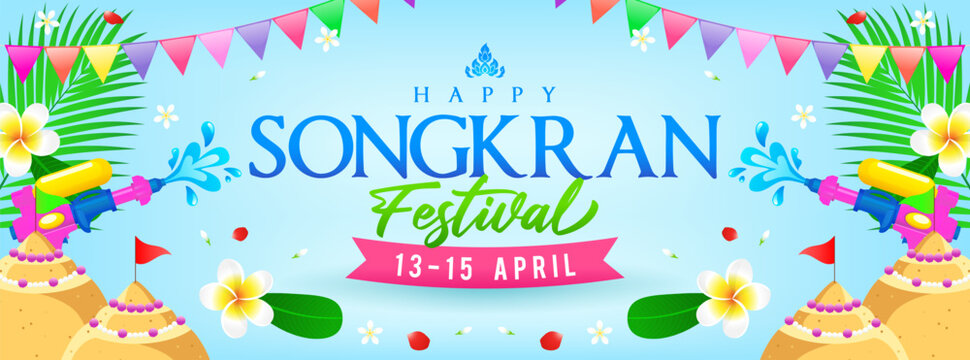 Happy Songkran festival banner background vector illustration. Thai New Year Holidays. Water festival..