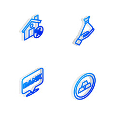 Set Isometric line Money in hand, House with percant discount, Bank building and Gold bars icon. Vector