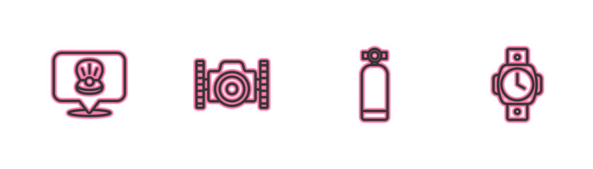 Set line Scallop sea shell, Aqualung, Photo camera for diver and Diving watch icon. Vector