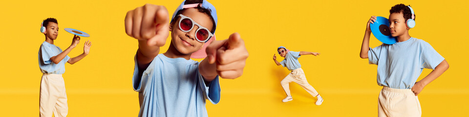 Set of images of little african boy in stylish casual clothes dancing, listening to music and having fun against yellow background