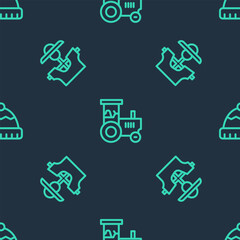 Set line Tractor, Scarecrow and Winter hat on seamless pattern. Vector